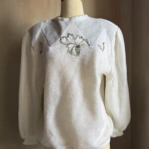 Vintage White Fuzzy Sweater w/ Iridescent Floral Beading – 80s/90s Glam Holiday